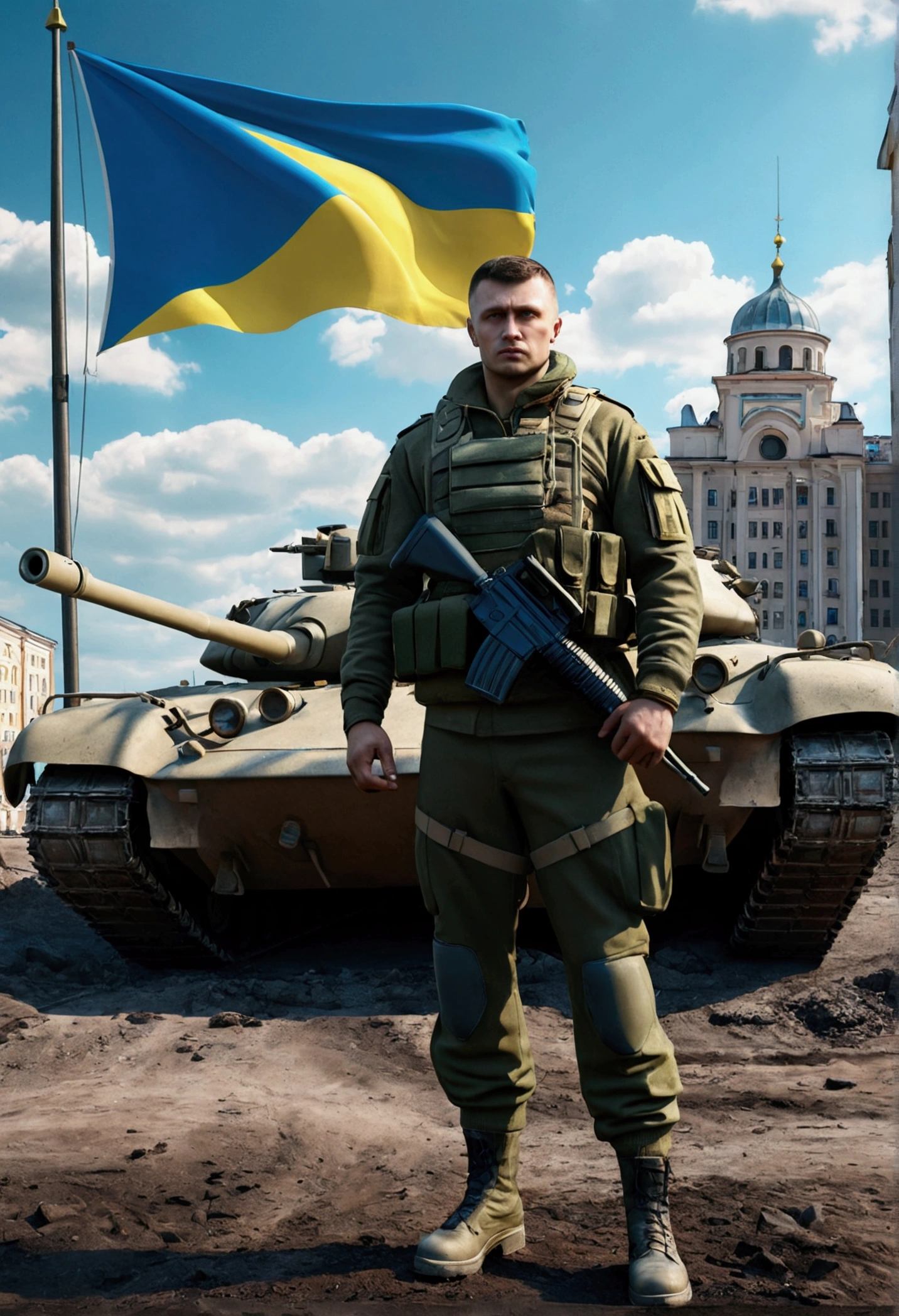 Ukrainian military man in 3D style stands with a car on the background of the flag, tanks and the city 