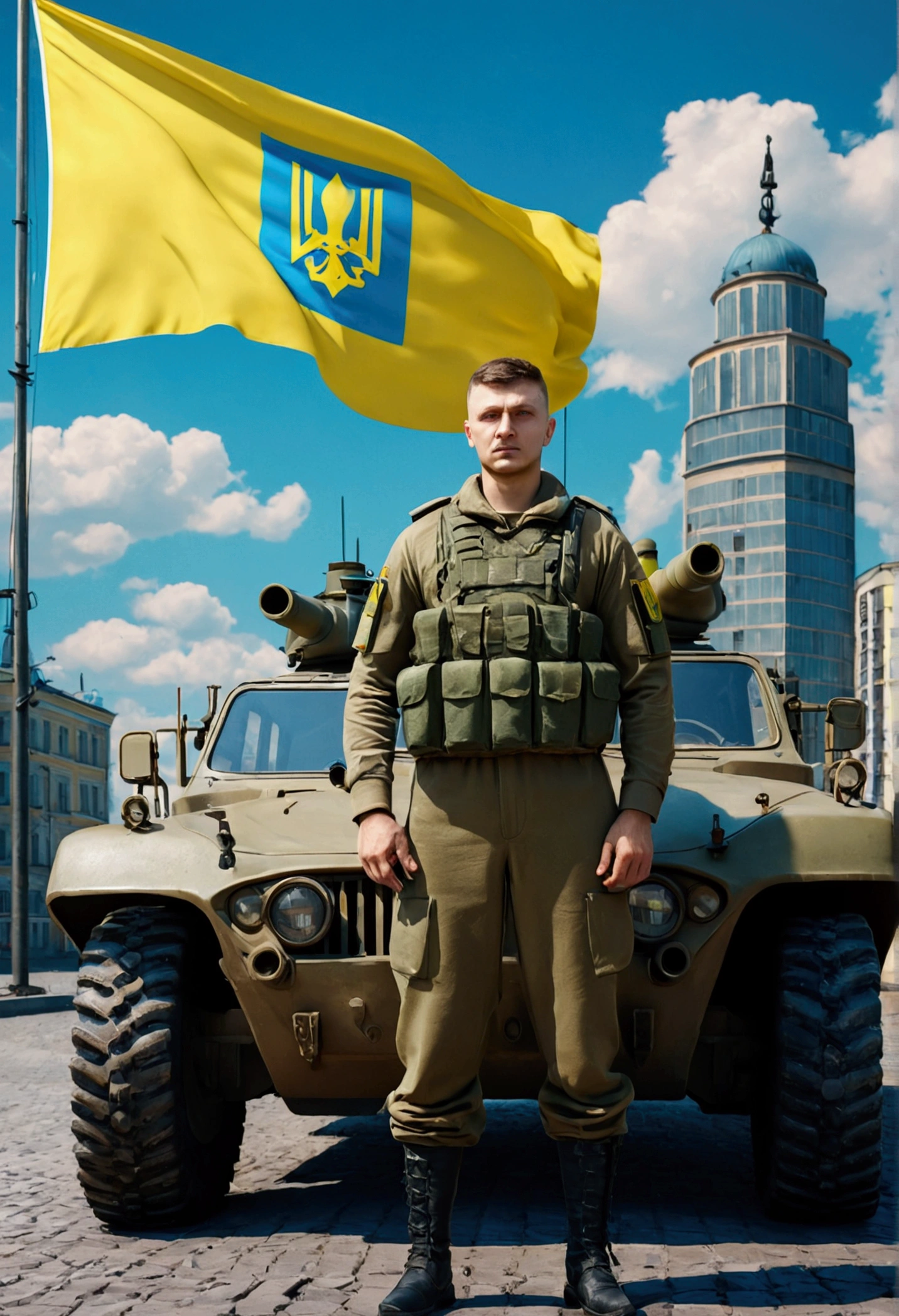 Ukrainian military man in 3D style stands with a car on the background of the flag, tanks and the city