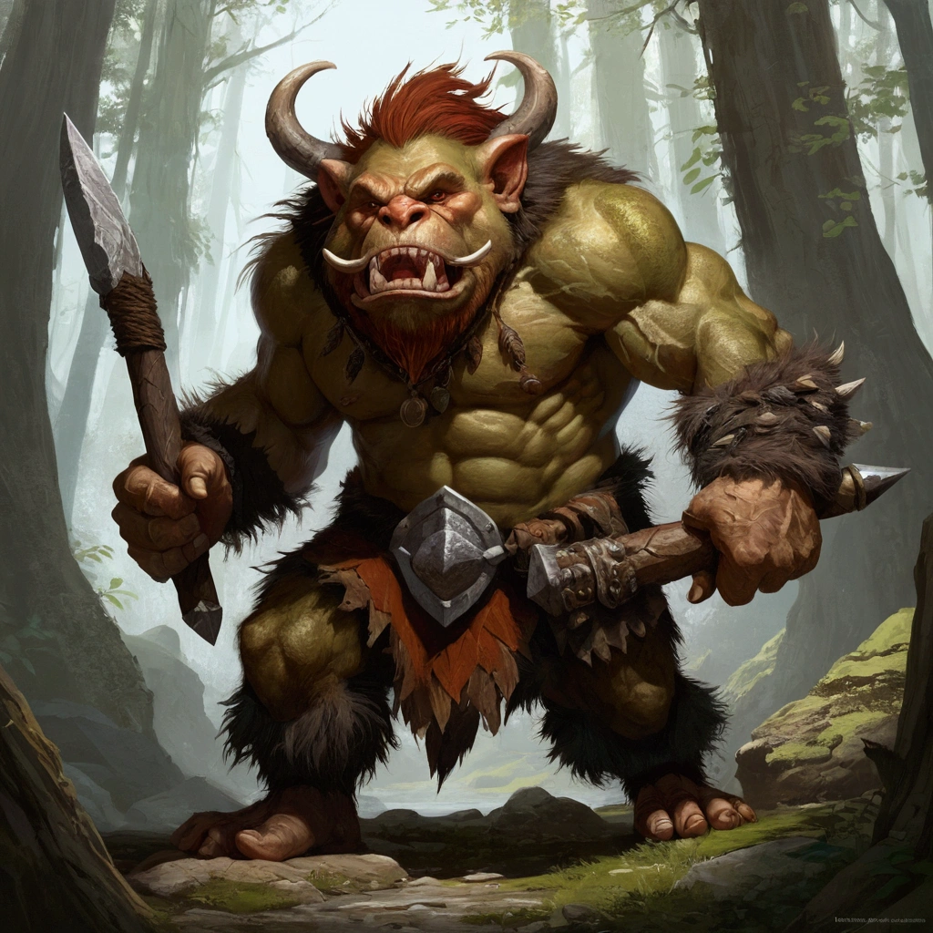 there is a painting of a troll, bugbear, bugbear ranger, raging bugbear, epic full color illustration, grog strongjaw, fur-clad barbarian goliath, a druid, gnoll, tyler edlin fantasy art, troll, humblewood art style, high fantasy illustration, druid warrior, amazingly detailed d & d art,white_background,simple_background,face,portrait,