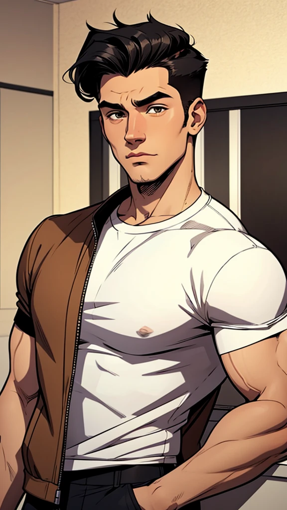 21-year-old man , middle black hair, muscular, white t-shirt, brown jacket, cómic style