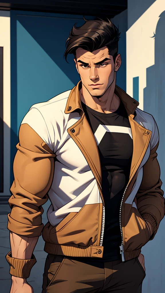 21-year-old man , middle black hair, muscular, white t-shirt, brown jacket, cómic style