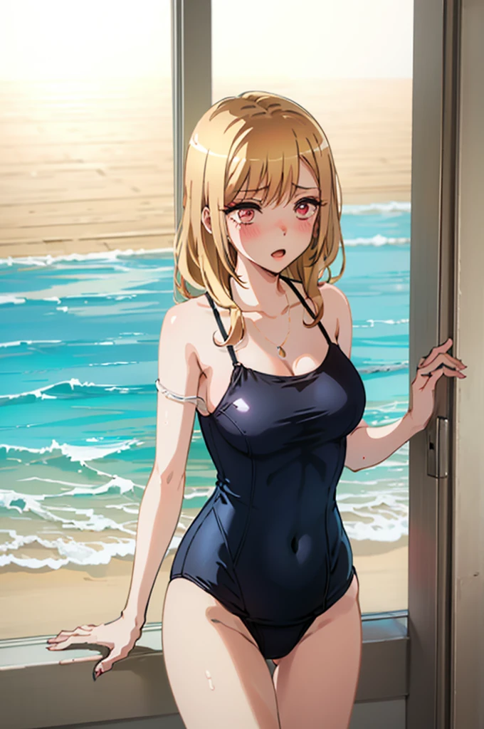 Random patterned swimsuit、Random Swimsuit、Swimsuits in random colors、Random pose、、Acme Face、Random pose、, Pale red eyes、Semi-long hair、Chestnut Hair、Sandy Beach、、、nsfw、Highest quality、1 girl、solo、Ocean、Sexy pose、Random pose、Blushing、wet、Embarrassed、I can see half of my 、、One Piece Swimwear、(Strap slip:1.3)、Swimsuits in random colors、Swimwear