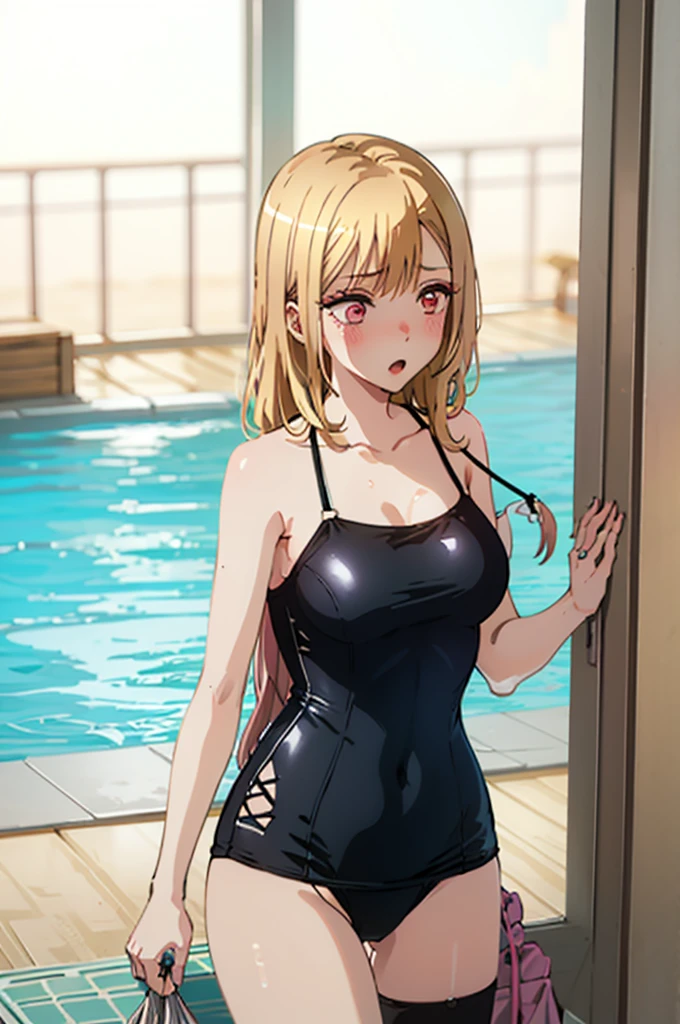 Random patterned swimsuit、Random Swimsuit、Swimsuits in random colors、Random pose、、Acme Face、Random pose、, Pale red eyes、Semi-long hair、Chestnut Hair、Sandy Beach、、、nsfw、Highest quality、1 girl、solo、Ocean、Sexy pose、Random pose、Blushing、wet、Embarrassed、I can see half of my 、、One Piece Swimwear、(Strap slip:1.3)、Swimsuits in random colors、Swimwear