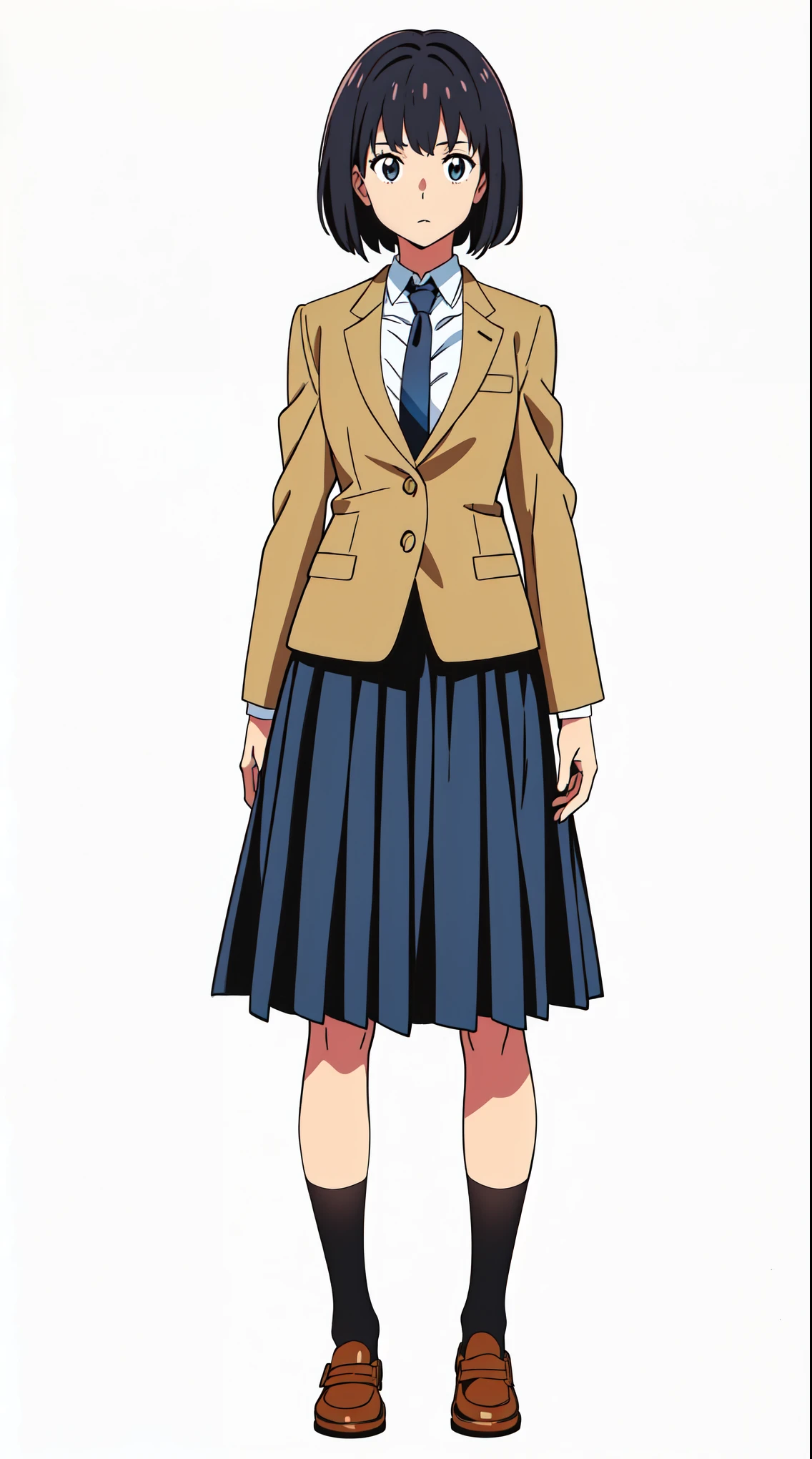 (white background:1.0), (best quality:1.0), (masterpiece:1.0), (super fine illustration:1.0), (beautiful artwork:1.0), (anime screencap:1.0), (official art:1.0), (full body:1.0), (solo:1.0), (HSGA:1.0), (a 18yo cute girl:1.0), (long skirt:1.0), (dark blue skirt:1.0), (pleated skirt:1.0), (school uniform beige blazer:1.0), (dark blue necktie:1.0), (loafers:1.0), (black socks:1.0), (ideal ratio body proportions:1.0), (lanky:1.0), (tall:1.0), (slender:1.0), (small breasts:1.0), (smaller face:1.0), (tareme:1.0), (detailed beautiful eyes:1.0), (detailed beautiful face:1.0), (glowing black eyes:1.0), (bob cut hair:1.0), (black hair:1.0), (standing:1.0), (looking at viewer:1.0)
