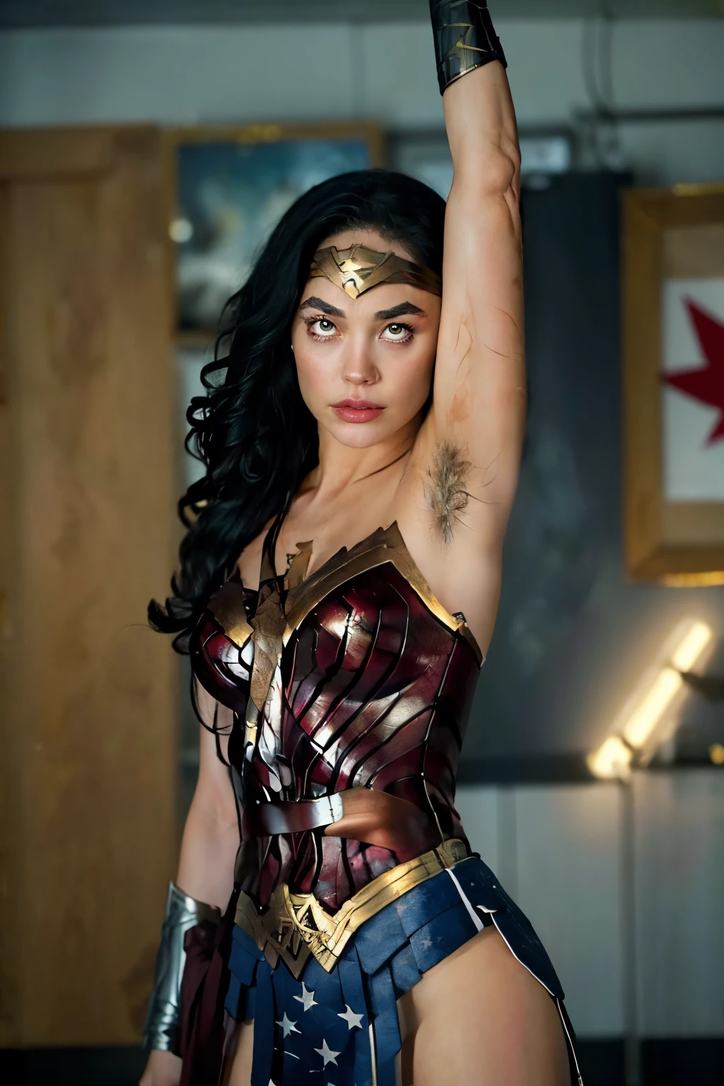 ((best qualityer)), ((work of art)), (detailded), (rolling eyes:1.4), Wonder woman with her eyes completely turned away and white, she is hypnotized,her arms are stretched up, her armpits have soft hair