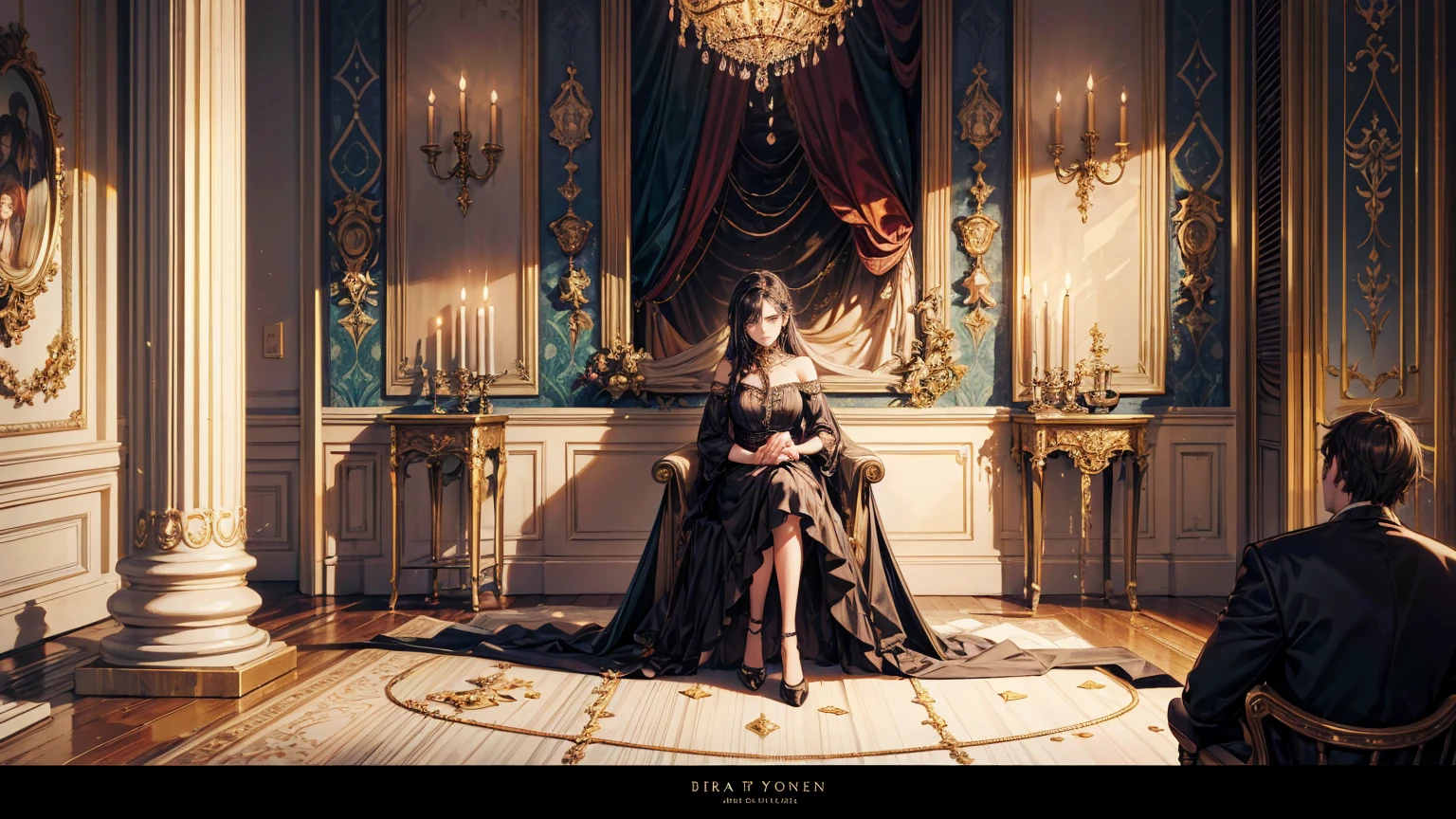 A scene of a sad and lonely young woman sitting in a dark corner of a large and opulent room. Her family is in the background, with the brother in the center, receiving attention and applause. The young woman should be depicted in darker and cooler colors, while the family is in warm and bright tones.

