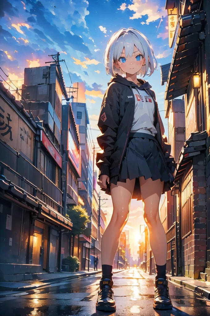 (masterpiece), (best quality), (ultra detailed), (high res 8K), 1 girl, late teenage, standing, contrappost, full body, low angle, hoody, mini-skirt,((katana)), short hair, silver hair, serious, looking away, cityscape in Tokyo, night, rim lighting, high contrast, professional lighting, stunning face, symmetrical clear eyes, detailed eyes and face,(near future)