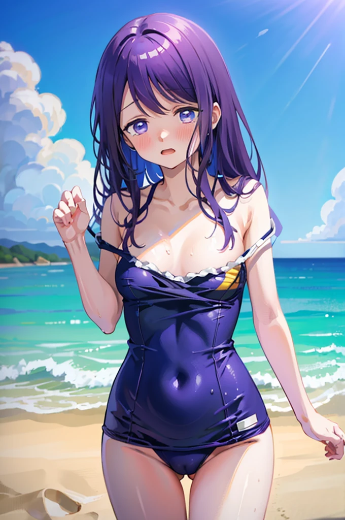 Random Swimsuit、Acme Face、Random pose、, Pale purple eyes、Pale purple eyes、Semi-long hair、nsfw、Highest quality、1 girl、solo、Ocean、Sandy Beach、Sexy pose、Random pose、Blushing、wet、Embarrassed、I can see half of my 、、One piece swimsuit、(Strap slip:1.3)、Swimsuits in random colors