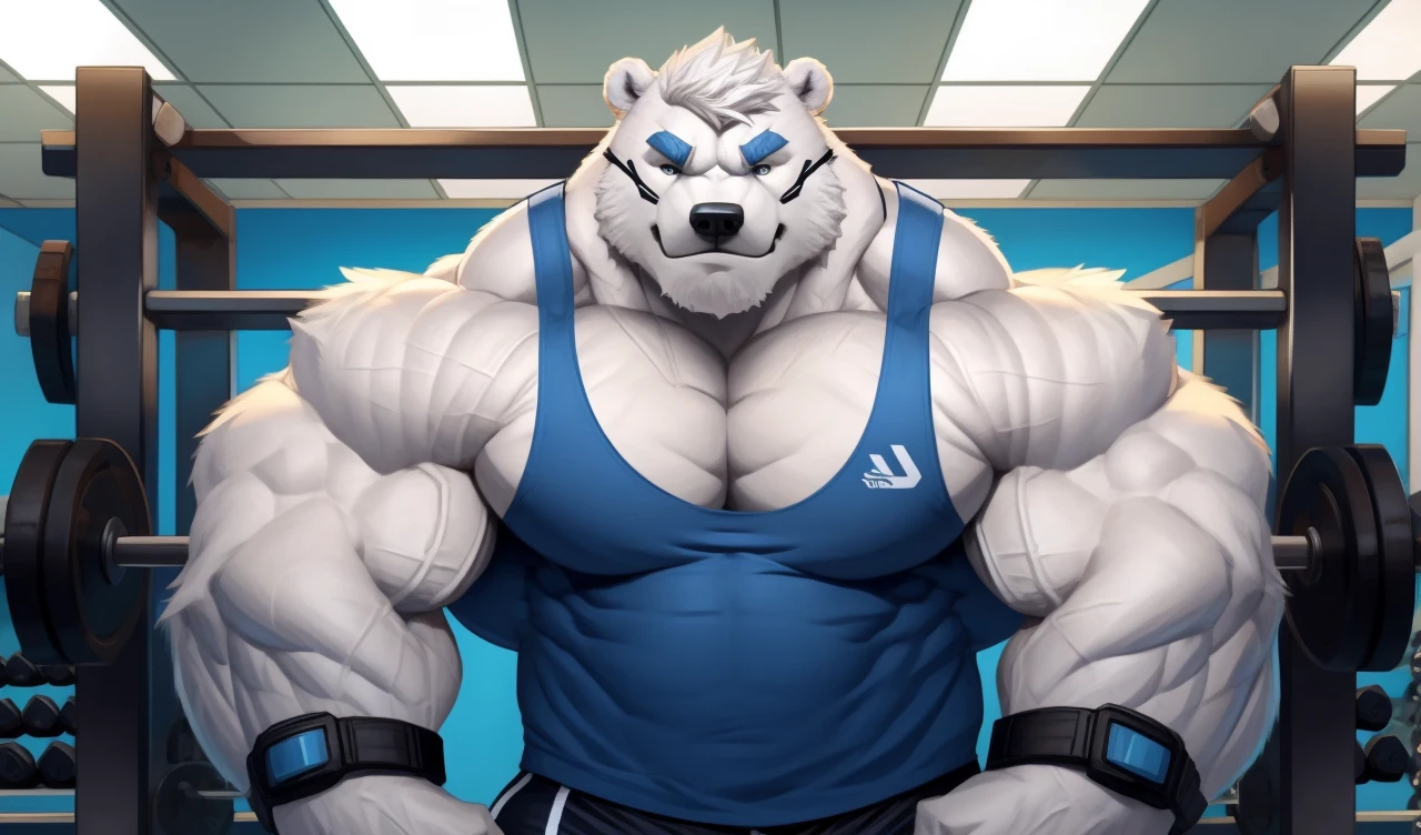 Brock Ólafsson The Huge Muscled Polar Bear, with White Hair, Blue Tank Top, Black Wristbands and Black Gym Shorts, Flexing His Thorax.