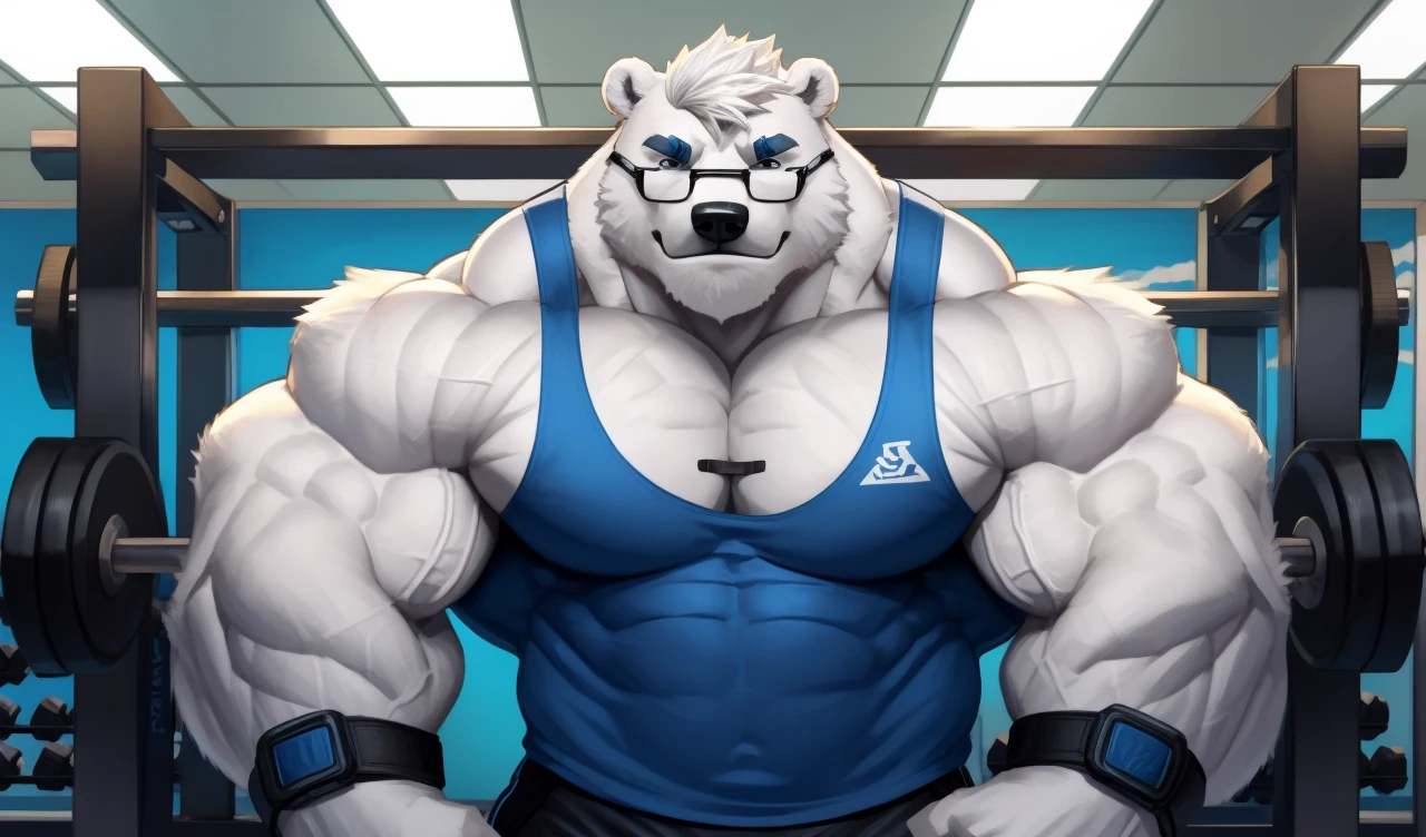 Brock Ólafsson The Huge Muscled Polar Bear, with White Hair, Blue Tank Top, Black Wristbands and Black Gym Shorts, Flexing His Thorax.