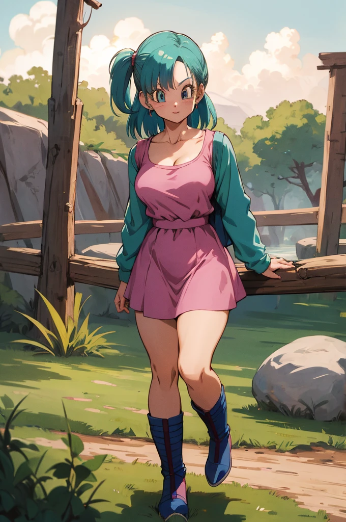 masterpiece, best quality, highres, dragon ball, blmsdup, bulma, aqua hair, one side up, pink dress, long sleeves, collarbone, medium breasts, outdoors, standing, cowboy shot,
