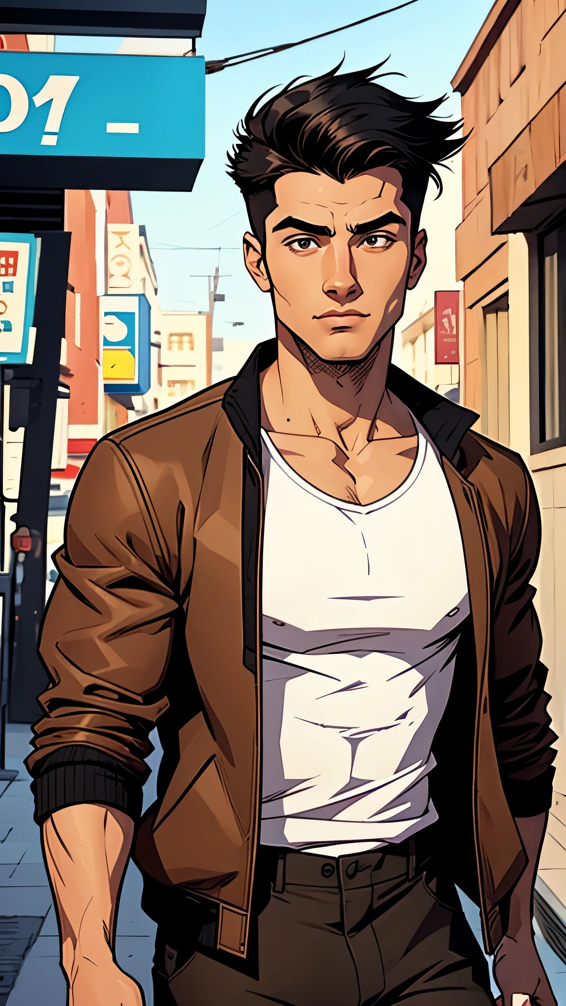 21-year-old man , middle black hair, muscular, white t-shirt, brown jacket, cómic style