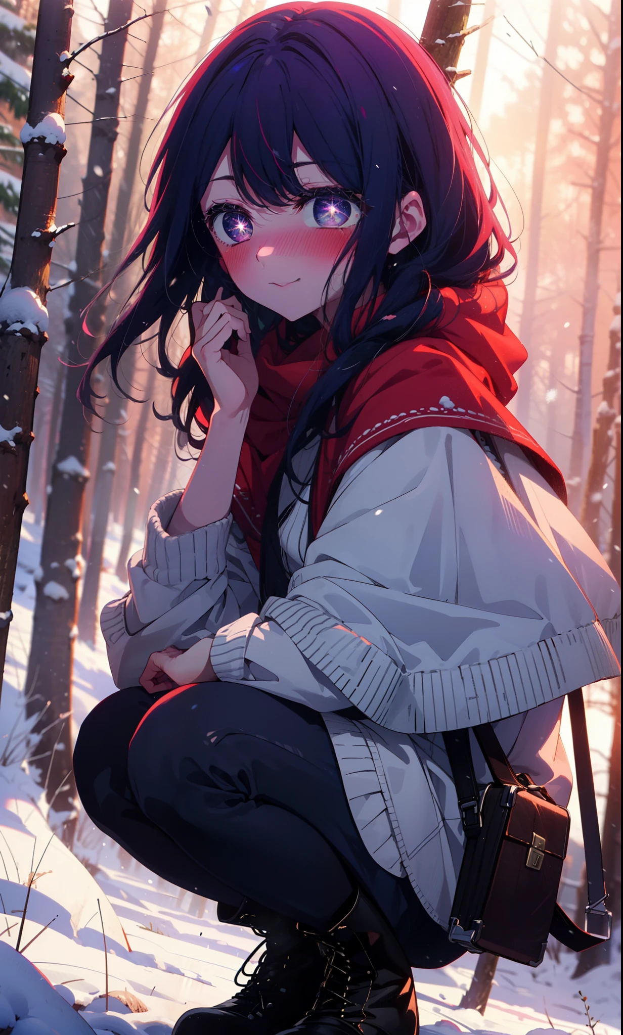aihoshino, Ai Hoshino, Long Hair, bangs, (Purple eyes:1.1), Purple Hair, (Symbol-shaped pupil:1.5), smile,,smile,blush,White Breath,
Open your mouth,snow,Ground bonfire, Outdoor, boots, snowing, From the side, wood, suitcase, Cape, Blurred, , forest, White handbag, nature, Squat, Mouth closed, Cape, winter, Written boundary depth, Black shoes, red Cape break looking at viewer, Upper Body, whole body, break Outdoor, forest, nature, break (masterpiece:1.2), Highest quality, High resolution, unity 8k wallpaper, (shape:0.8), (Beautiful and beautiful eyes:1.6), Highly detailed face, Perfect lighting, Extremely detailed CG, (Perfect hands, Perfect Anatomy),