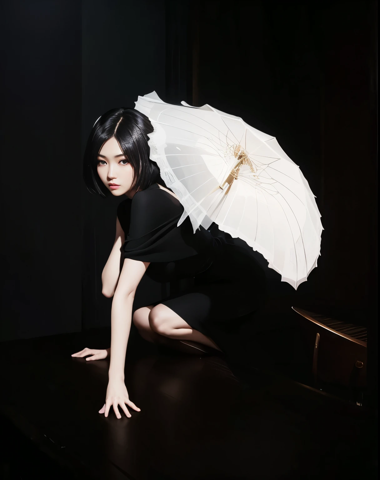 (Best quality, 8k, 32k, Masterpiece, UHD:1.2) "Generate a captivating artwork featuring a young Japanese girl model with short, sleek black hair styled in a chic bob haircut. Envision her bathed in dramatic cinematic lighting, creating an atmosphere of allure and mystery. Emphasize a romantic aesthetic vibe, showcasing the model in a poised and elegant pose that evokes a sense of intimacy and sophistication. Utilize warm and soft tones to enhance the romantic ambiance, and consider incorporating elements like flowing fabrics or flowers to add a touch of ethereal beauty. Capture the essence of romance and beauty through the model's expression, the play of light and shadows, and the overall aesthetic, creating a visually compelling and emotionally resonant piece." (perfect eyes), flawless skin, flawless face, cinematic, tight body, ((well-proportion female hands)), ((female hands with five digits))
