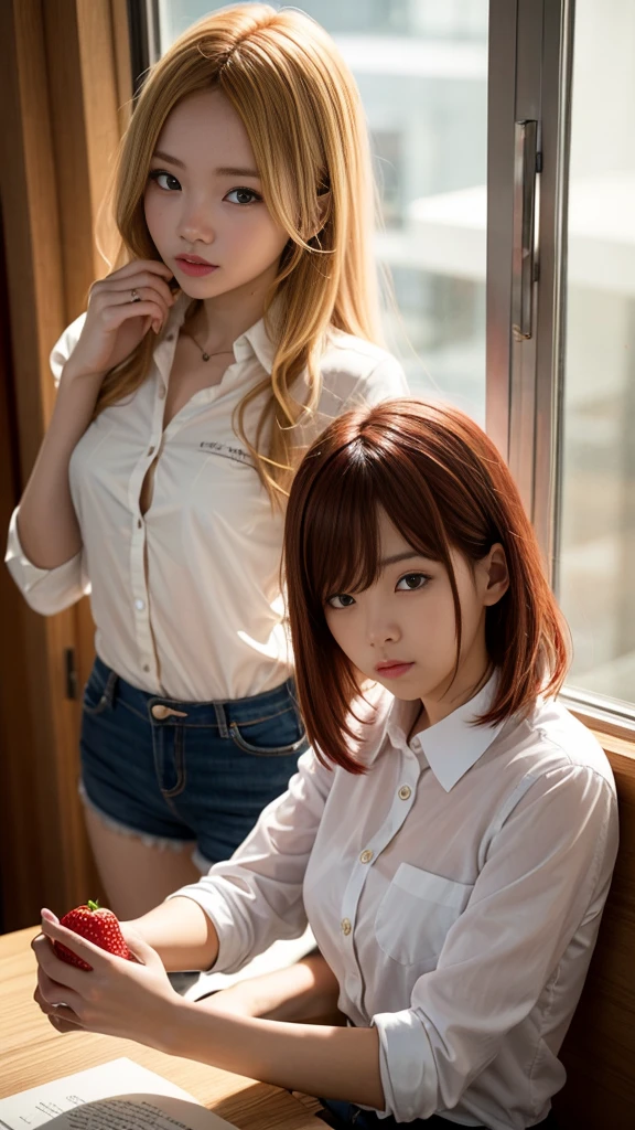 (Natural strawberry blonde and redhead girls with pretty faces), Cute pose, wearing a button shirt, body, skinny, Atmospheric, Dark atmosphere, Edge lighting, Sayaka Yamamoto, Saito Asuka, Mao Akiyama's facial features, 8K, Full body portrait, Elegant outfit, Natural light, Spooky greenhouse at night, Sharp focus, (Highly detailed eyes and face, Professional photography techniques), (Beautiful small face, beautiful girl, high , Idol Face, Baby Face:1.4)Happy, K UHD, Hmph, Beautiful and soft skin, Vibrant Skin, blush, (Chirarizum:1.3, Unbutton your shirt:1.2), Beautiful breasts, Cleavage, (Small beautiful butt), (Detailed hands:1.1, The optimal ratio is four fingers to one thumb), Perfect proportions, (Perfect Anatomy:1.3), (Highest quality, Masterpiece, Highest quality, Ultra high definition, Photorealism:1.4)