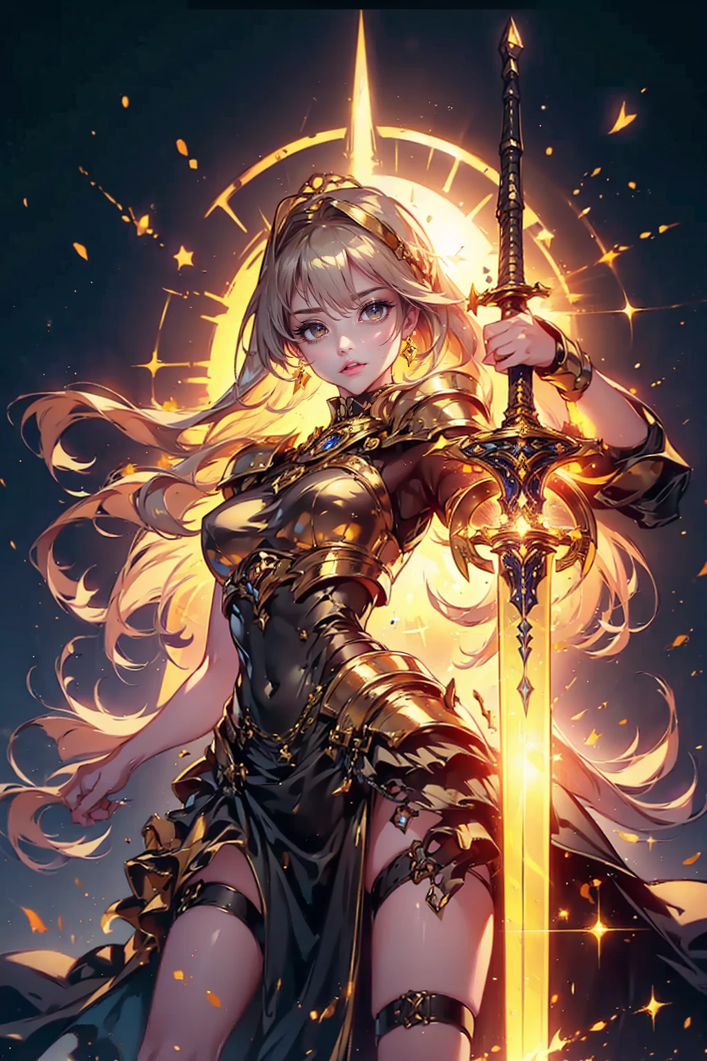1girl,solo,cool,brilliant eye,golden dress,gold,gorgeous,glint,shine,shining sword,holding sword,warrior,knight,sun wheel