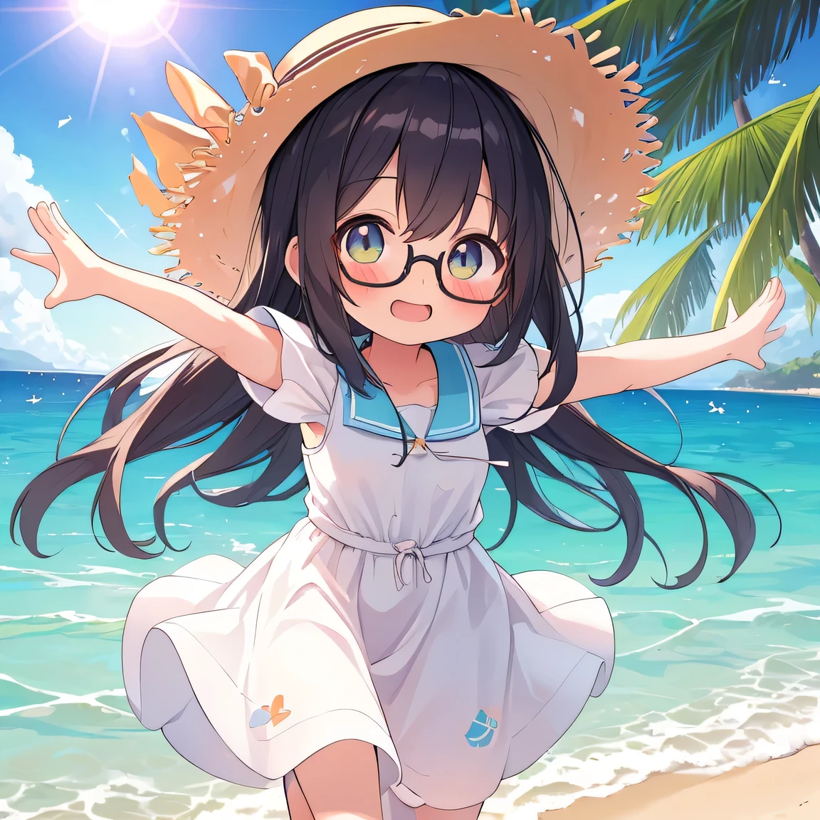 ((masterpiece)), ((best quality)), (ultra-detailed), ((kawaii)), cute, (lovely), illustration, anime style, (chibi:1.2), white ????????, (beautiful eyes), beautiful black hair, long hair, (Straw Hat), slim, slender, glasses, medium breast, hot summer, (Shining Sun:1.5), (seaside:1.2), outdoor, (running around in the beach:1.3), (outstretched arms:1.3), (open mouth:1.2), Looks like a lot of fun, looking very healthy, Full of vitality, short sleeves.