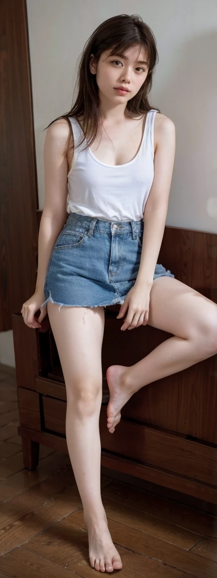 Open shirt, (((Leaning forward))), ((,Round face, Around 17 years old,mini skirt、loose tank top)), Long Hair, , Natural Makeup, Lips become thicker, Sexy Gaze, barefoot, ((Raise one leg)), Shooting from below,Gentle expression ,((Extremely precise and accurate anatomy)), (masterpiece:1.43), Perfect proportions, Realistic photos, Full Shot, whole body, (height: 165cm),