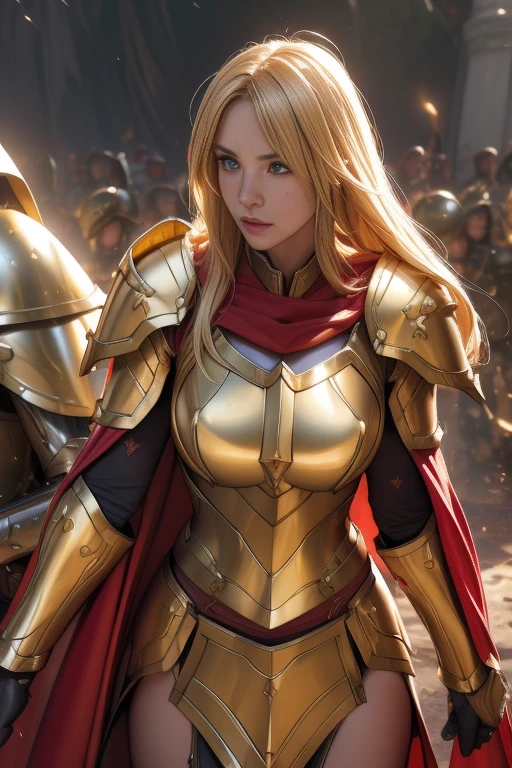 Female Paladin, Beautiful Face, blonde, , Golden Plate Armor, Red cape with belt, Large two-handed mace, Soft lighting, Ultra-fine detail, photo Realistic, World of Warcraft, Highest quality,Very detailed,Realistic,(Female Paladin),(((Intense Battle)))),(Dramatic lighting),((((battlefield)))),(Sharp focus),(Paladin'A look of determination),(Thick armor),(Wielding a weapon),(Forest Background),(Epic clash),(flying debris),(martial arts),(Body movements),(High resolution textures),(Emotionally-charged combat),(Powerful Hits),(Tense atmosphere),(Fierce confrontation),(Action-packed),(Vibrant colors),(Dynamic pose),(Fearless),(Heroic Battle),(Muscular physique),(Warrior battle cry),(intense energy),(Paladin'Victory of),(Sweat and Blood),(rippling muscles),(Hand-to-hand combat),(Paladin Dexterity),((Battle scars)),(Paladin Battle Cry),(Paladin fighting stance),(Awe-inspiring),(Detailed facial features),(Female Paladin's determination),(((Epic battle scenes:1.3))