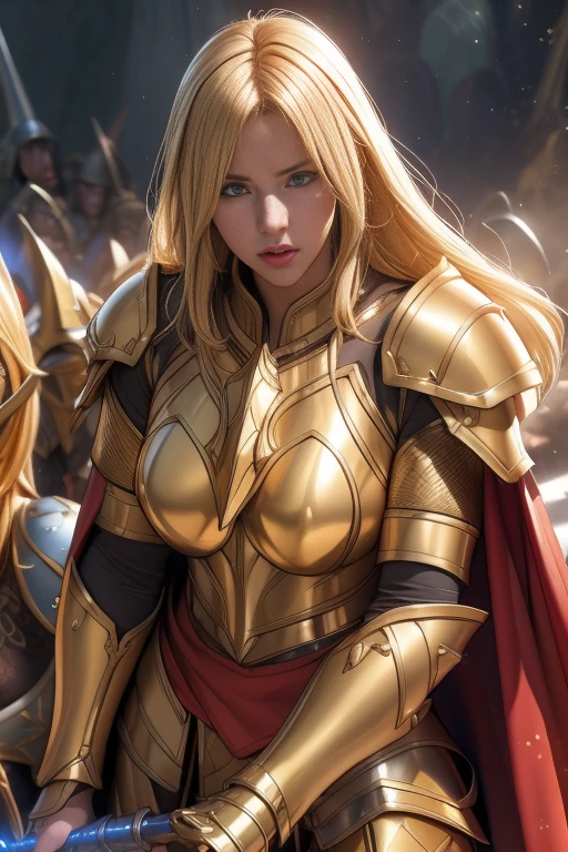 Female Paladin, Beautiful Face, blonde, , Golden Plate Armor, Red cape with belt, Large two-handed mace, Soft lighting, Ultra-fine detail, photo Realistic, World of Warcraft, Highest quality,Very detailed,Realistic,(Female Paladin),(((Intense Battle)))),(Dramatic lighting),((((battlefield)))),(Sharp focus),(Paladin'A look of determination),(Thick armor),(Wielding a weapon),(Forest Background),(Epic clash),(flying debris),(martial arts),(Body movements),(High resolution textures),(Emotionally-charged combat),(Powerful Hits),(Tense atmosphere),(Fierce confrontation),(Action-packed),(Vibrant colors),(Dynamic pose),(Fearless),(Heroic Battle),(Muscular physique),(Warrior battle cry),(intense energy),(Paladin'Victory of),(Sweat and Blood),(rippling muscles),(Hand-to-hand combat),(Paladin Dexterity),((Battle scars)),(Paladin Battle Cry),(Paladin fighting stance),(Awe-inspiring),(Detailed facial features),(Female Paladin's determination),(((Epic battle scenes:1.3))