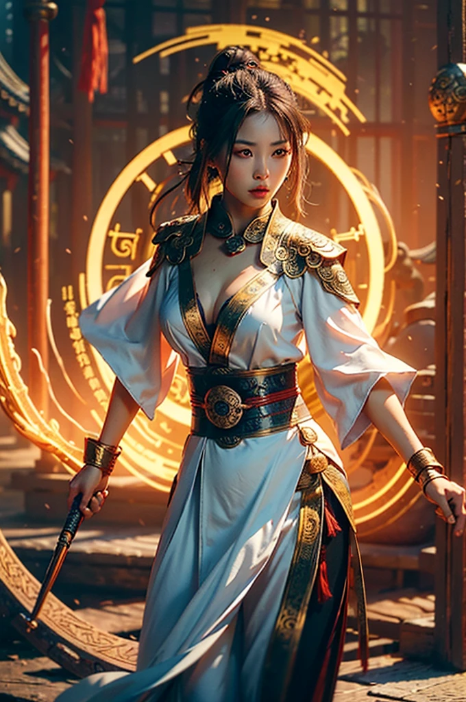 Best quality,masterpiece,ultra high res,(photorealistic:1.4),xiuxian,weapon,Detailed face,
1girl,solo,weapon,cleavage,(magic circle:1.2),xiuxian,upper body,Beautiful girl,full body,east asian architecture,sheath,architecture,