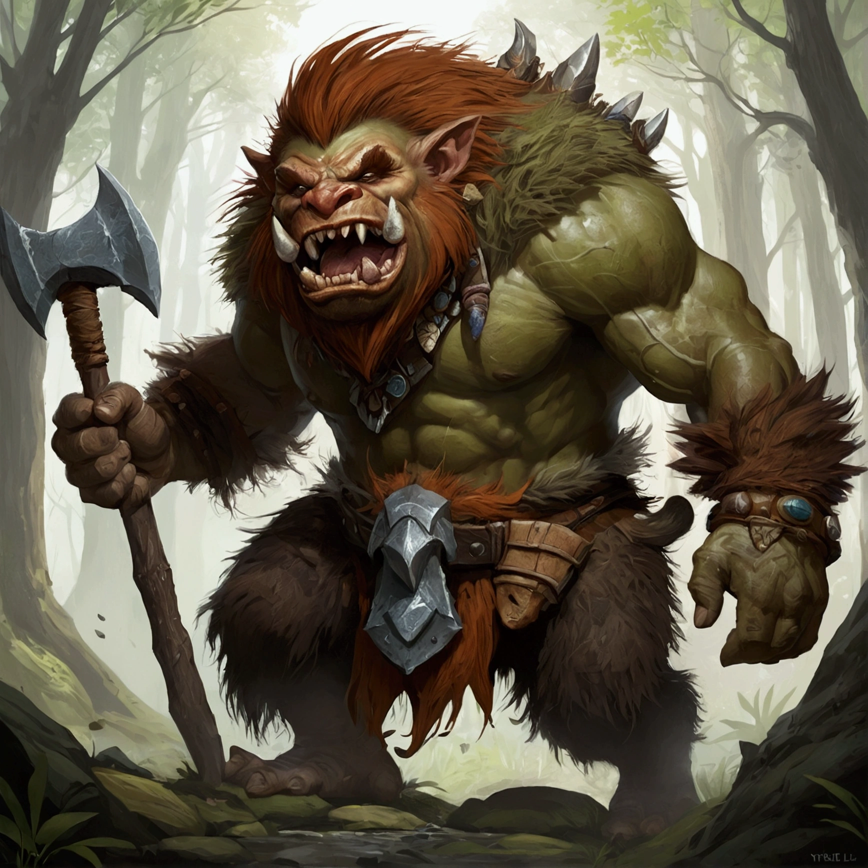 there is a painting of a troll, bugbear, bugbear ranger, raging bugbear, epic full color illustration, grog strongjaw, fur-clad barbarian goliath, a druid, gnoll, tyler edlin fantasy art, troll, humblewood art style, high fantasy illustration, druid warrior, amazingly detailed d & d art,white_background,simple_background,face,portrait,upper_body,