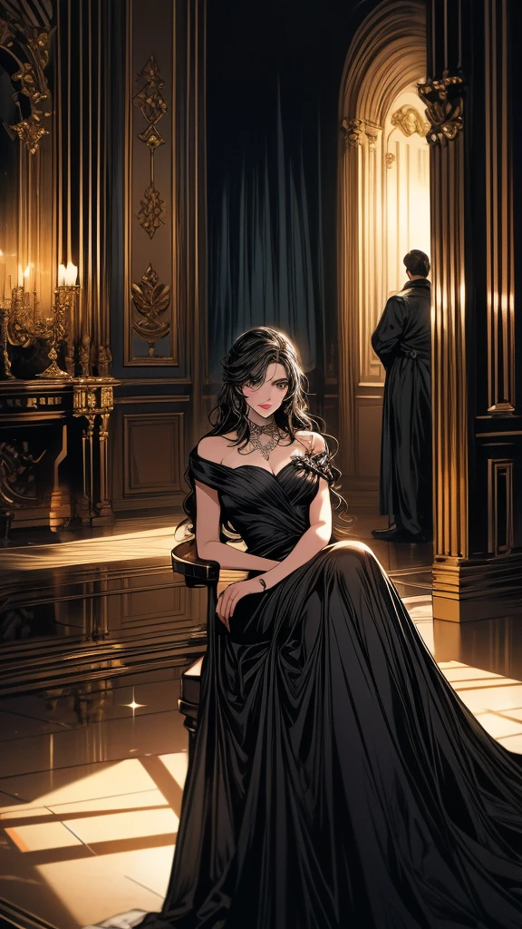 A scene of a sad and lonely young woman sitting in a dark corner of a large and opulent room. Her family is in the background, with the brother in the center, receiving attention and applause. The young woman should be depicted in darker and cooler colors, while the family is in warm and bright tones.