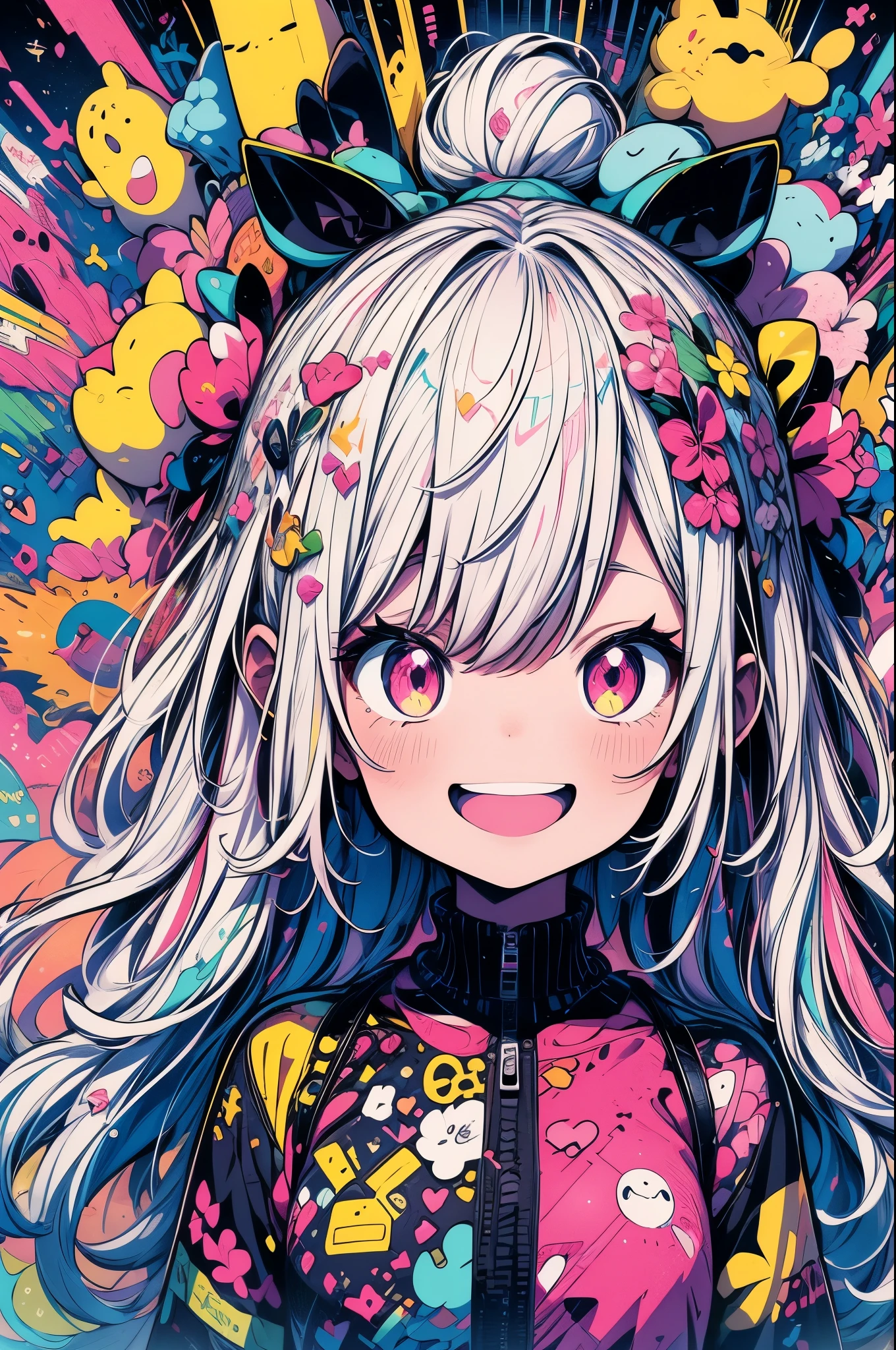 masterpiece, best quality, extremely detailed CG unity 8k wallpaper, Pink world view, cute anime illustration, 1girl, BIG smile, digital art, fantasy art, dreamland, The background is a colorful geometric pattern. fanny, pastel color