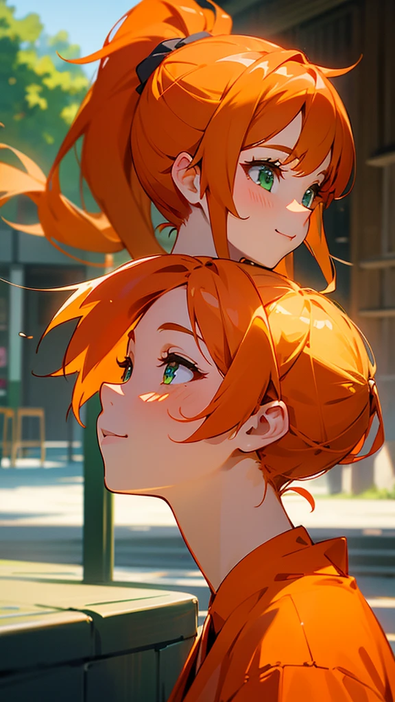 1 Girl、Orange clothes、Orange Hair、ponytail、Beautiful green eyes、profile、smile、profile、Face close-up、Morning Cafe Terrace、Background blur, Written boundary depth