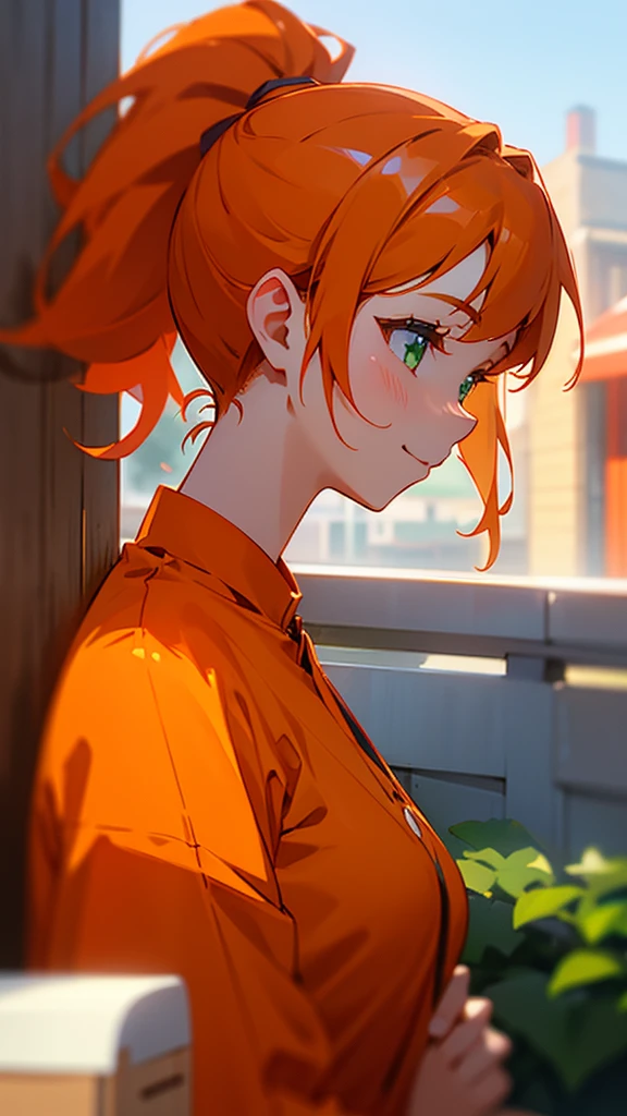 1 Girl、Orange clothes、Orange Hair、ponytail、Beautiful green eyes、profile、smile、profile、Face close-up、Morning Cafe Terrace、Background blur, Written boundary depth