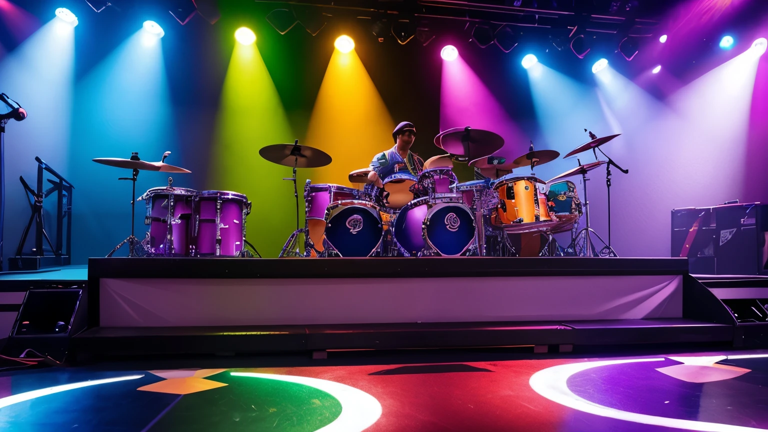 criar um rock star, playing drumms,rainbow color clothes, METALIC, eletronic style, on stage, lights, drumms traditional STYLE. 8K,ON STAGE, UNIQUE