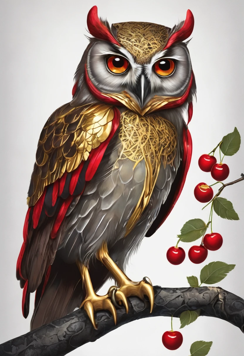 Owl with golden feathers with two red cherries in its beak