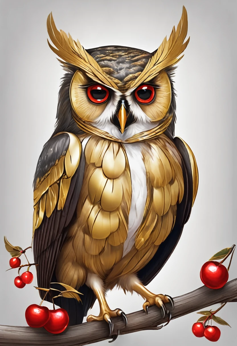 Owl with golden feathers with two red cherries in its beak