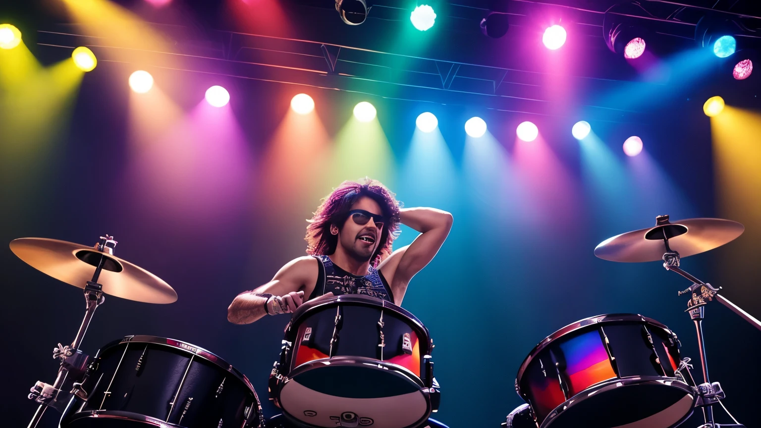 criar um rock star, playing drumms,rainbow color clothes, METALIC, eletronic style, on stage, lights, drumms traditional STYLE. 8K,ON STAGE, UNIQUE