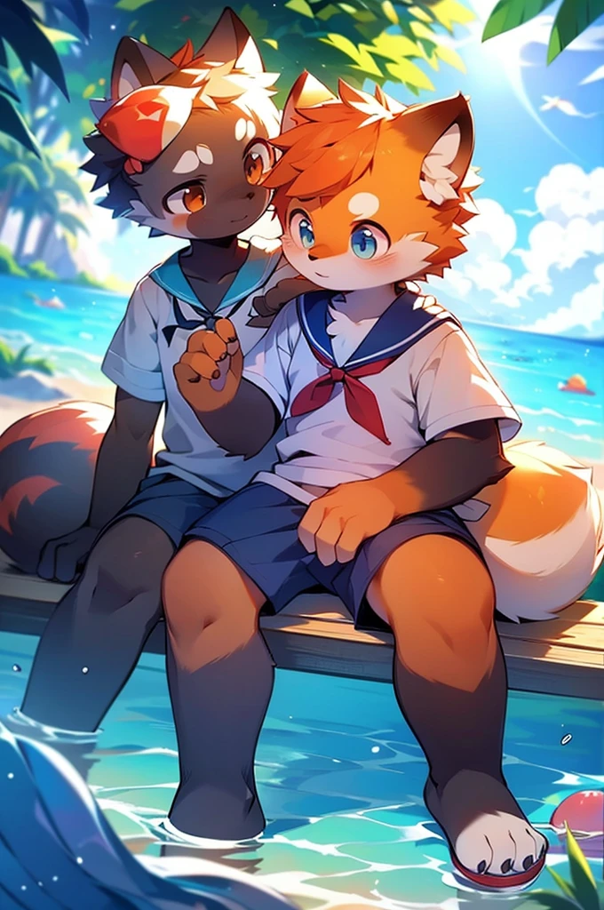 Male Red Panda, Ocean, Appeared wearing a sailor uniform! One in heat, Sitting,