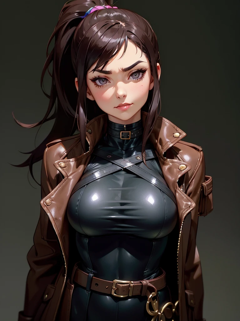 ((Portrait, wearing edgADC)), She has a Chubby, Dark Brown Haired Appearance, with a Muscular Build, and an Alluring Charm, Emphasizing Her Thick Breasts. She has Light Gray Eyes, Expresses a Mischief and Smug Look, Giving Off an Arrogant Aura. Her Hair is Long and Curly, Tied in a High Ponytail, with Strands Falling Over Her Face. She Wears a Huge Tight Leather Coat with Straps and Belts, with an Open V-Neckline, Revealing Her Thick Breasts. ((Portrait, edgADC_fashion, HDR, Dark Background))