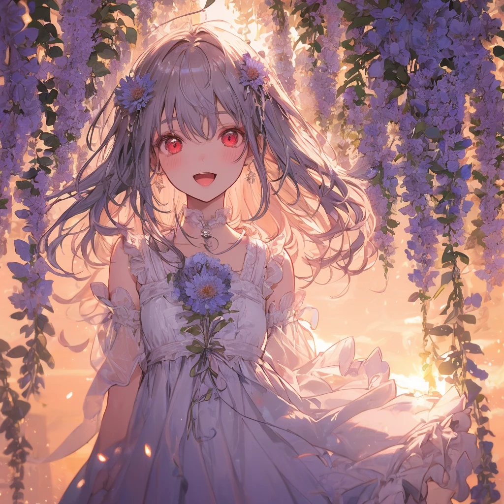 art by Cornflower,(masterpiece:1.2),(4k),high quality,(perfect anatomy),(Accurate fingers),(1 girl),silver long hair,beautiful detailed red eyes,a shy smile,open mouth,In the fantastic beauty of the sunset backlight,red cute  clothing,Bokeh, A gentle light spreads over the tranquil surroundings, Delicate petals blend into intricate patterns,The background is soft and blurry,Add a dramatic and symbolic element to your scene, The petals are soft, Magical colors and atmosphere