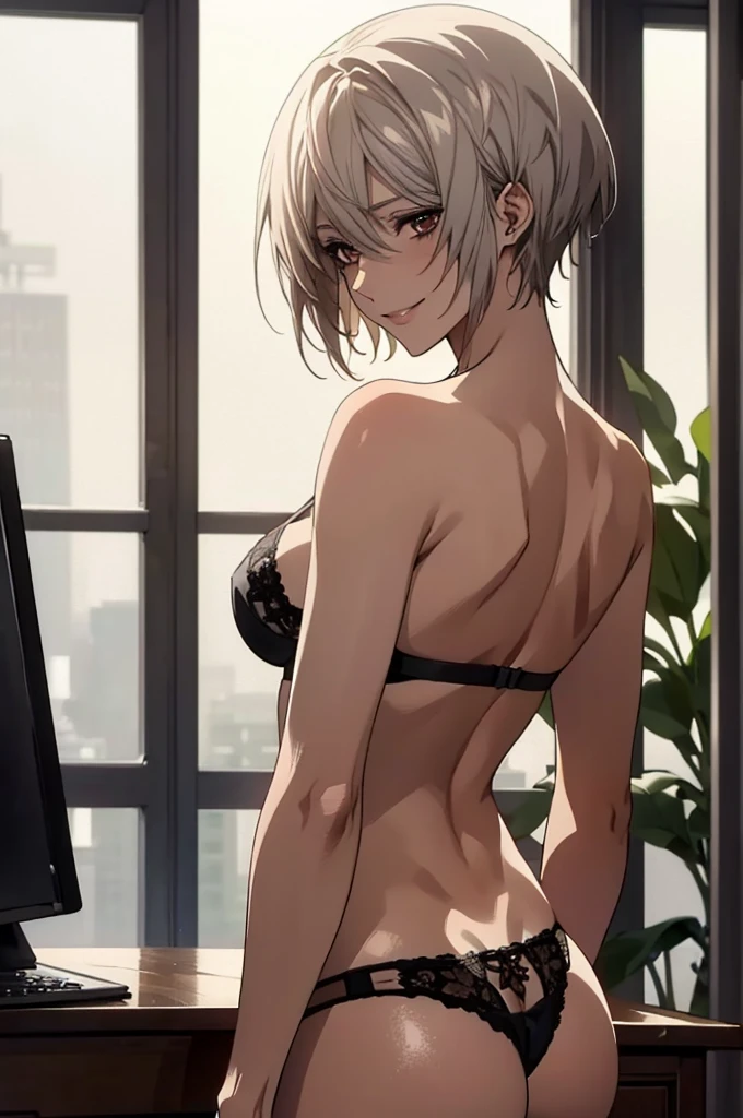 (Highest quality, High resolution, Very detailed), 1 female, Silver Hair, Super short hair, Reddish brown eyes, lace thong bra, Nude, Large Breasts, secretary, 24th generation, Beautiful woman, mature, quiet, Calm, A small smile, office, look back,