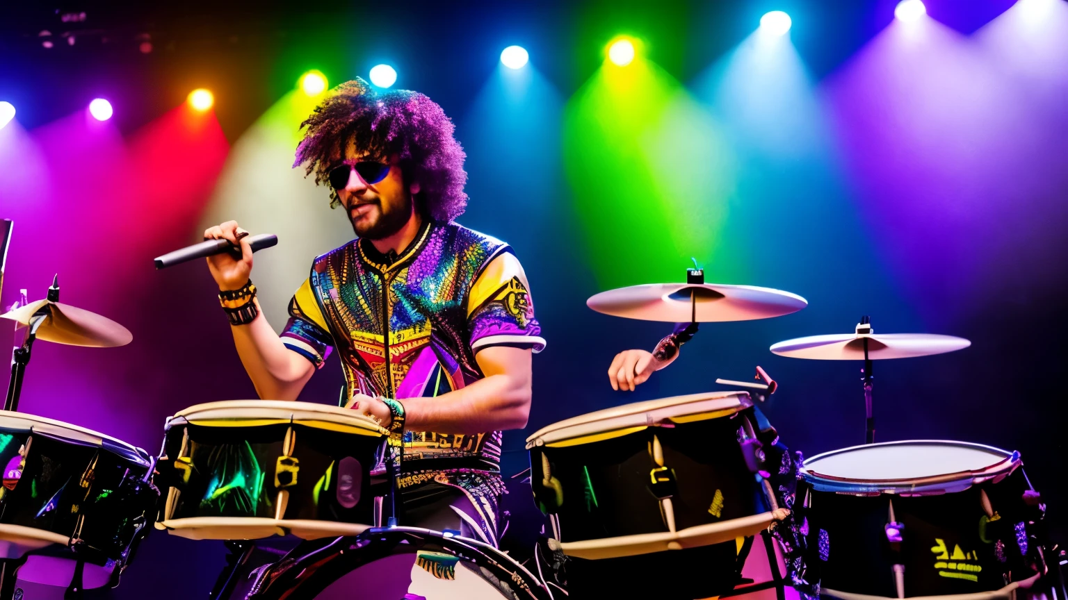 criar um rock star, playing drumms with stikers in his hands,rainbow color clothes, METALIC, eletronic style, on stage, lights, drumms traditional STYLE. 8K,ON STAGE, UNIQUE