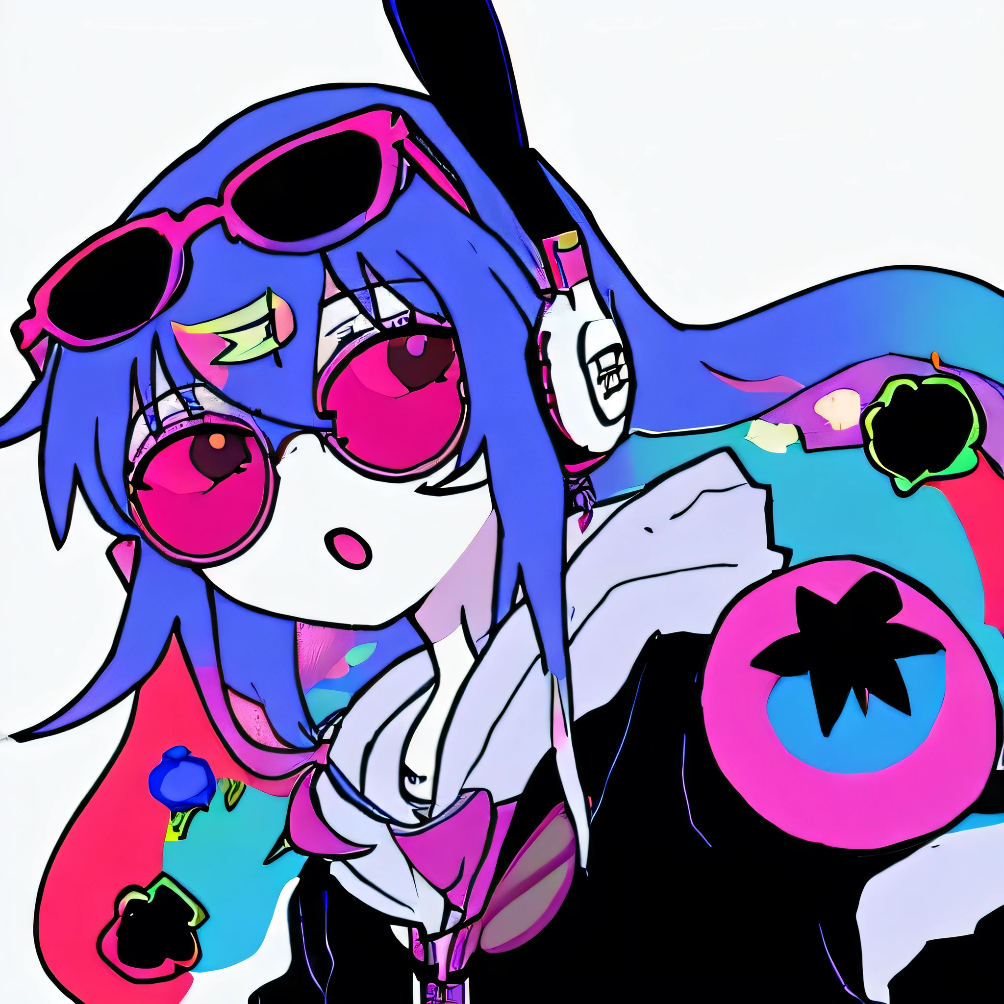Trippy anime girl wearing sunglasses and headphones, chaotic, simple colors