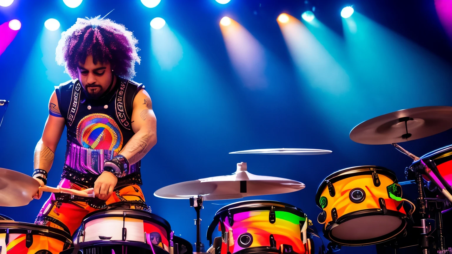 criar um rock star, playing drumms with stikers in his hands,rainbow color clothes, METALIC, eletronic style, on stage, lights, drumms traditional STYLE. 8K,ON STAGE, UNIQUE