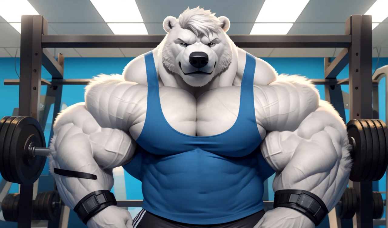 Brock Ólafsson The Huge Muscled Polar Bear, with White Hair, Blue Tank Top, Black Wristbands and Black Gym Shorts, Flexing His Thorax.