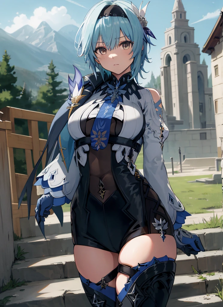 euladef, upper body, , outdoors, day, simple background, blue sky, short hair, sky, temple, looking at viewer, stairs, mountain, moody lighting,cowboy shot,open legs,thigh gap,big breasts