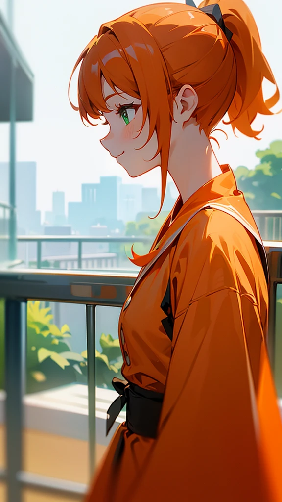 1 Girl、Orange clothes、Orange Hair、ponytail、Beautiful green eyes、profile、smile、profile、Face close-up、Morning Cafe Terrace、Background blur, Written boundary depth