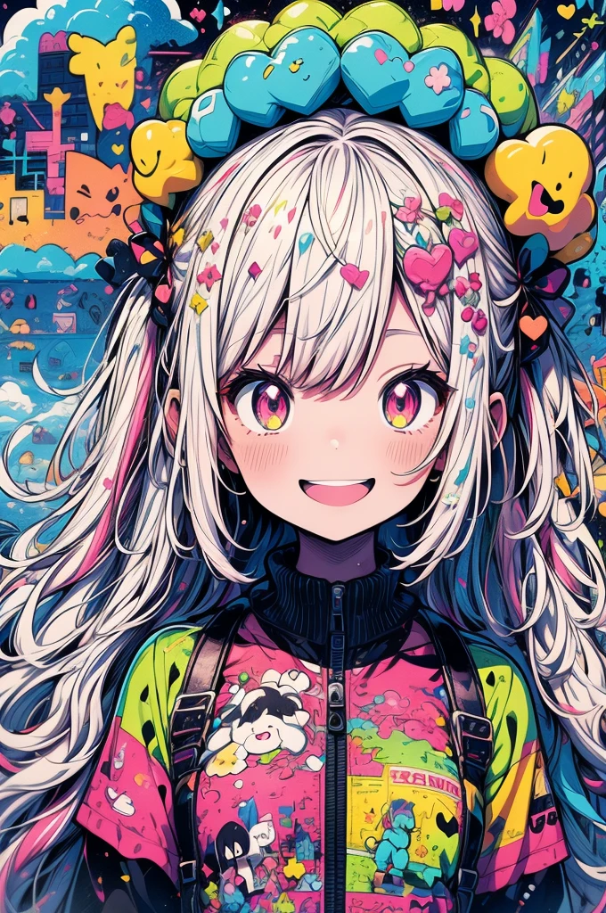 masterpiece, best quality, extremely detailed CG unity 8k wallpaper, Pink world view, cute anime illustration, 1girl, BIG smile, digital art, fantasy art, dreamland, The background is a colorful geometric pattern. fanny, pastel color, water color, octane rendering style