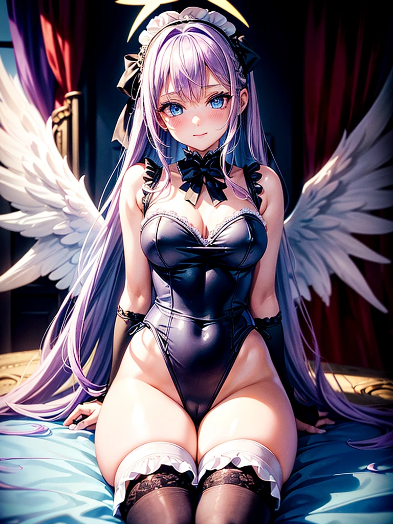 Highest quality,Highest Resolution,(((A beautiful girl with blue eyes and blonde hair in a maid leotard and white angel wings on her back)))and(((A beautiful girl with red eyes, purple hair, and black angel wings on her back in a gothic lolita leotard)))They are having sex while kissing in the sitting position,saliva,(((Halo))),smile,Frills,Knee-high stockings,A distant view,