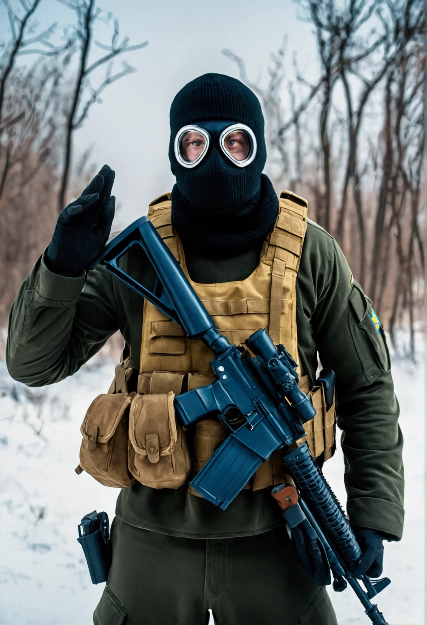 A military man is standing in his uniform waving the Ukrainian flag, winter style, a military man in a balaclava and with a machine gun in his hand, and a gas mask with broken lenses is lying next to him 