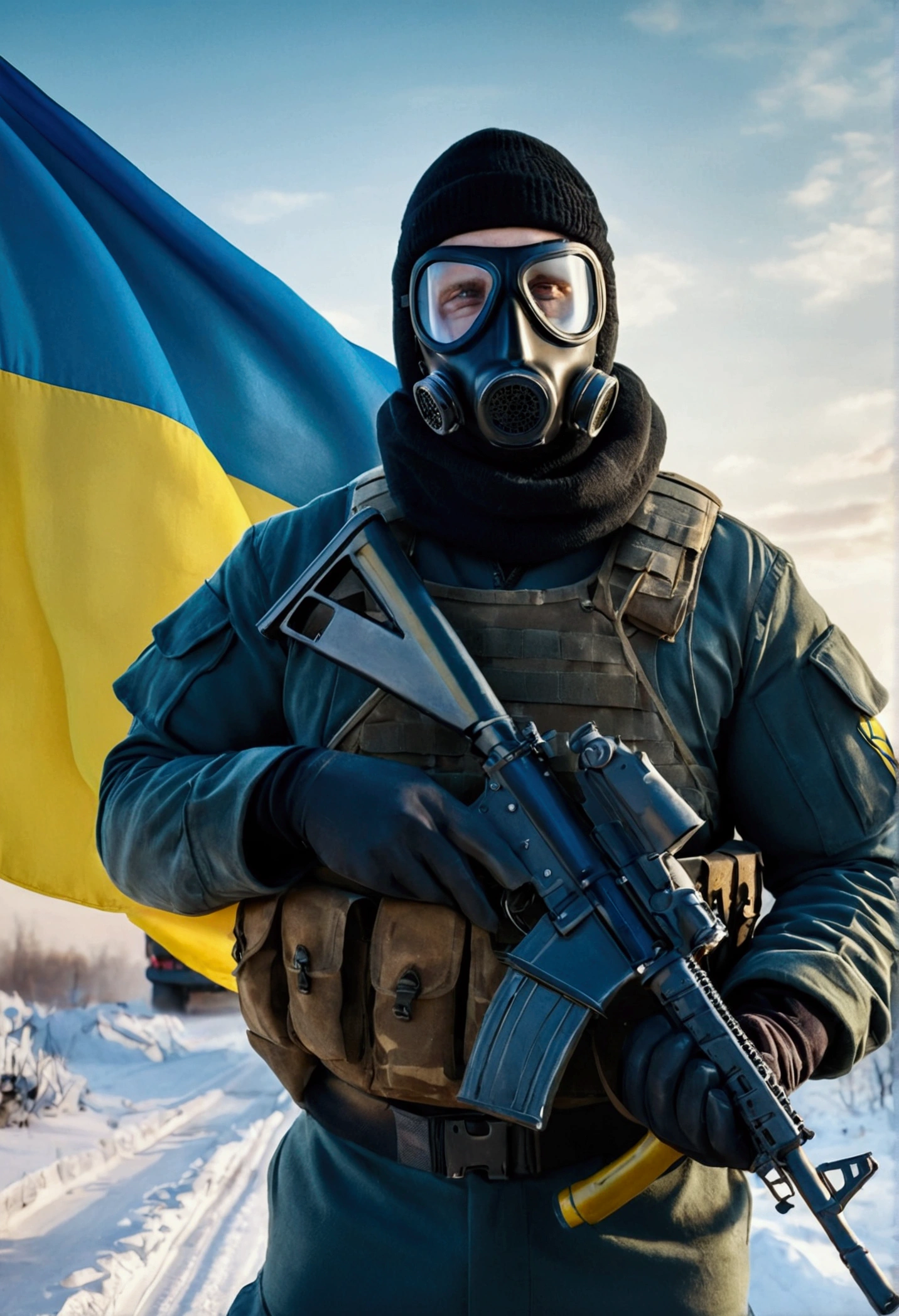 A military man is standing in his uniform waving the Ukrainian flag, winter style, a military man in a balaclava and with a machine gun in his hand, and a gas mask with broken lenses is lying next to him