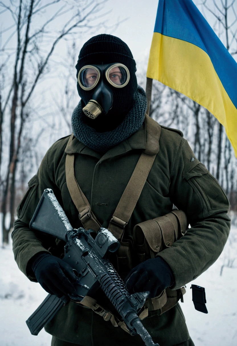 A military man is standing in his uniform waving the Ukrainian flag, winter style, a military man in a balaclava and with a machine gun in his hand, and a gas mask with broken lenses is lying next to him