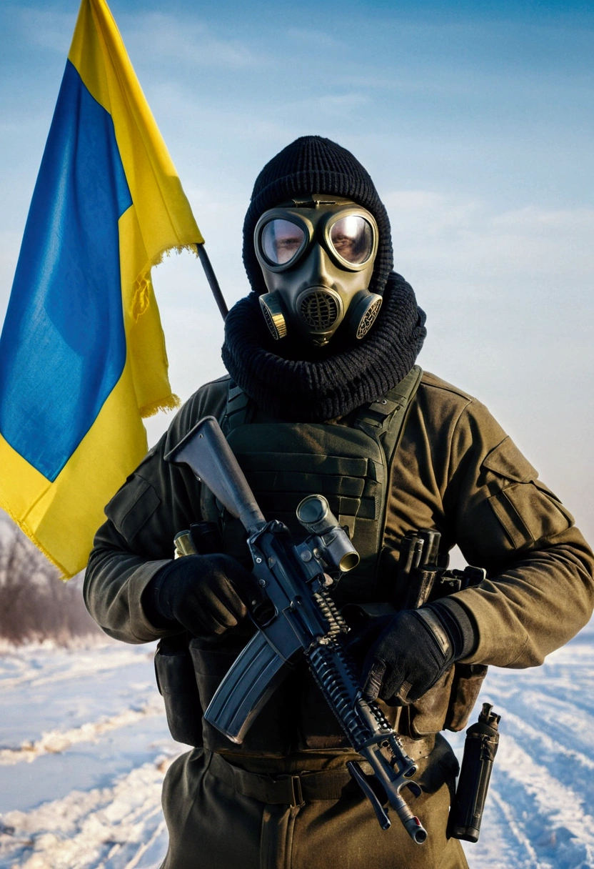 A military man is standing in his uniform waving the Ukrainian flag, winter style, a military man in a balaclava and with a machine gun in his hand, and a gas mask with broken lenses is lying next to him